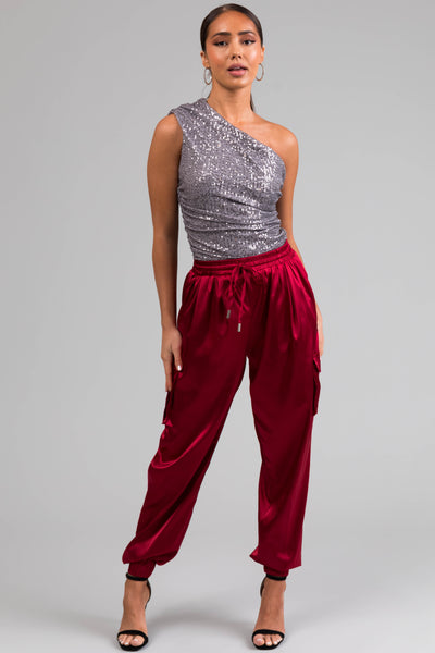 Burgundy Satin Cargo Pocket Smocked Jogger Pants