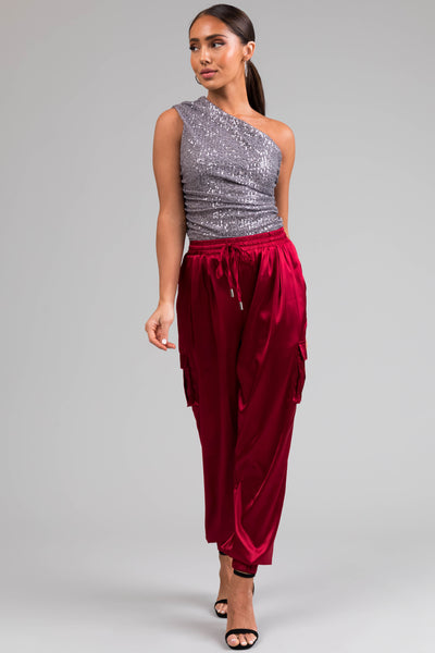 Burgundy Satin Cargo Pocket Smocked Jogger Pants