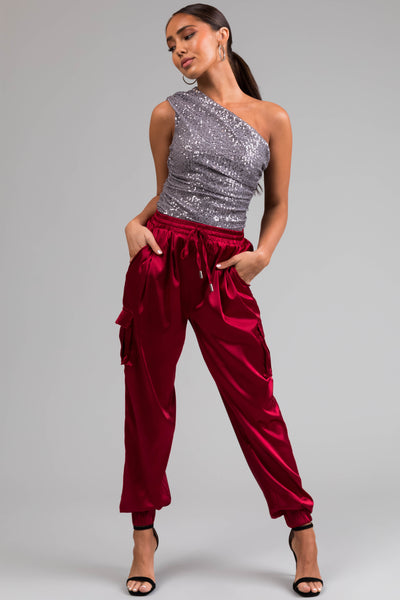 Burgundy Satin Cargo Pocket Smocked Jogger Pants