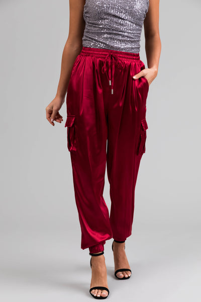 Burgundy Satin Cargo Pocket Smocked Jogger Pants