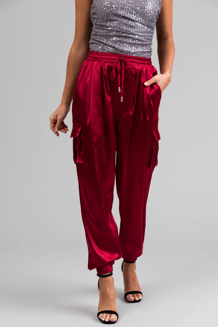 Burgundy Satin Cargo Pocket Smocked Jogger Pants
