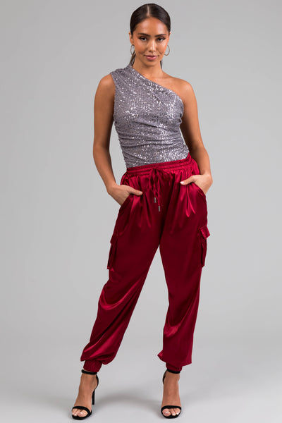 Burgundy Satin Cargo Pocket Smocked Jogger Pants