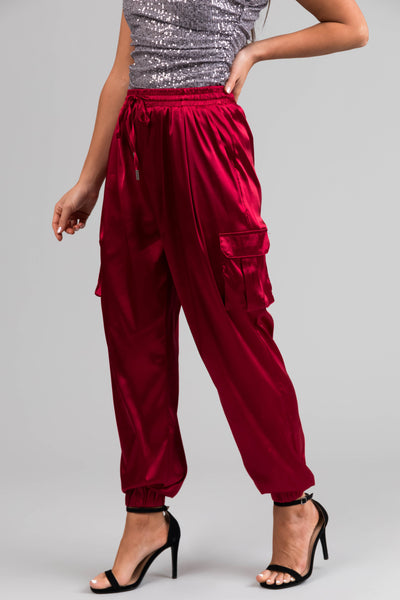 Burgundy Satin Cargo Pocket Smocked Jogger Pants