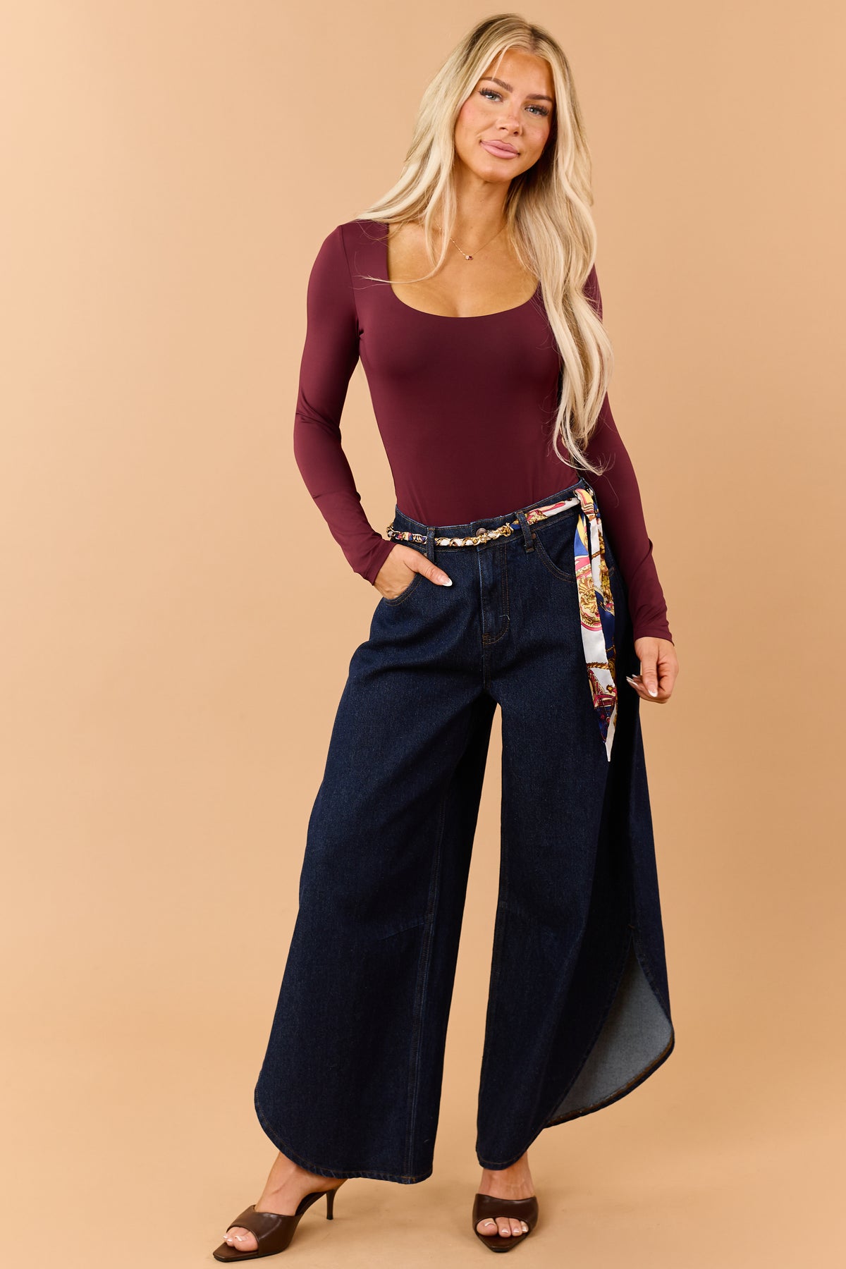 Burgundy Scoop Neck Long Sleeve Fitted Bodysuit