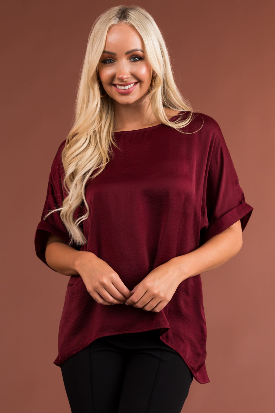 Burgundy Short Banded Sleeves Woven Top