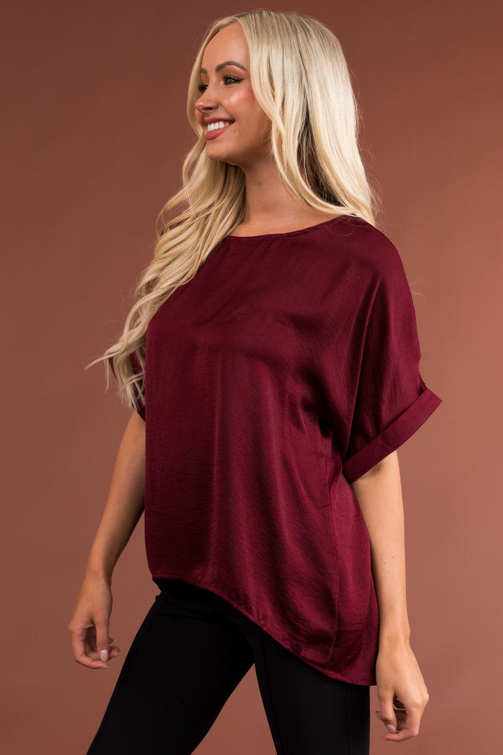 Burgundy Short Banded Sleeves Woven Top