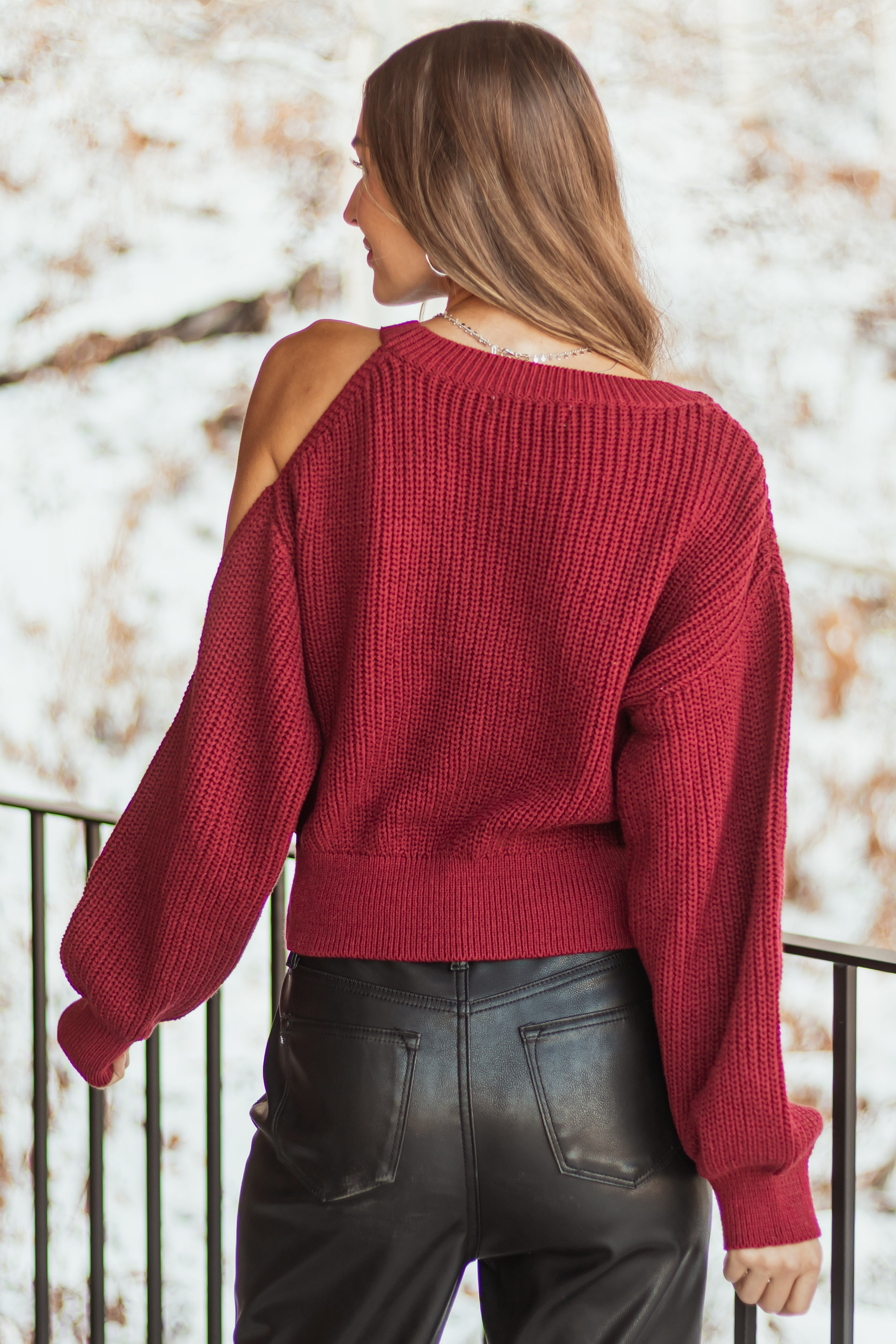 Burgundy Single Cold Shoulder Cropped Sweater