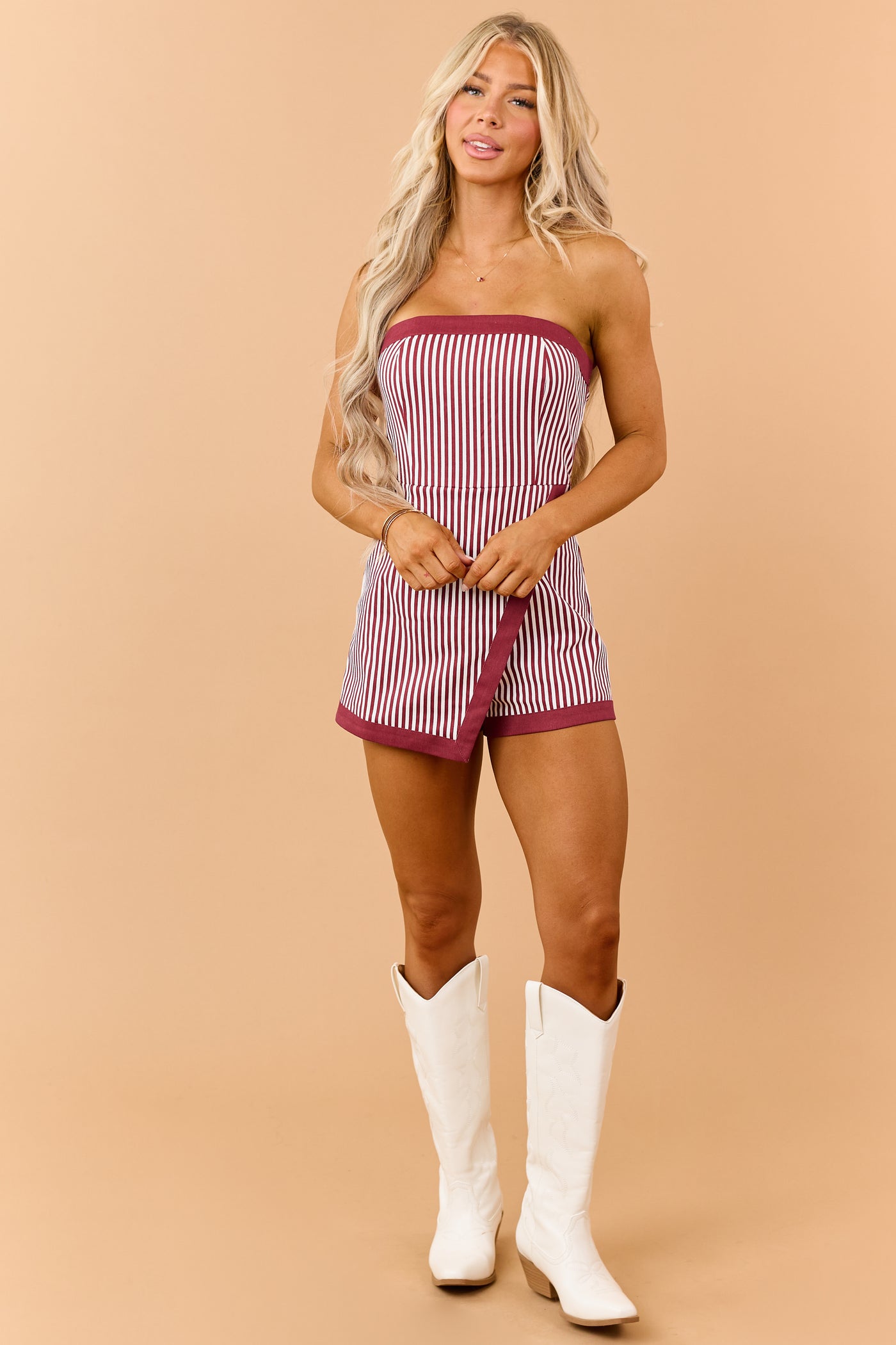 PRE-ORDER Burgundy Striped Denim Wrap Around Romper SHIP ETA 9/15