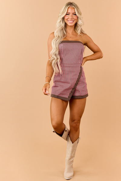 PRE-ORDER Burgundy Striped Denim Wrap Around Romper SHIP ETA 9/2