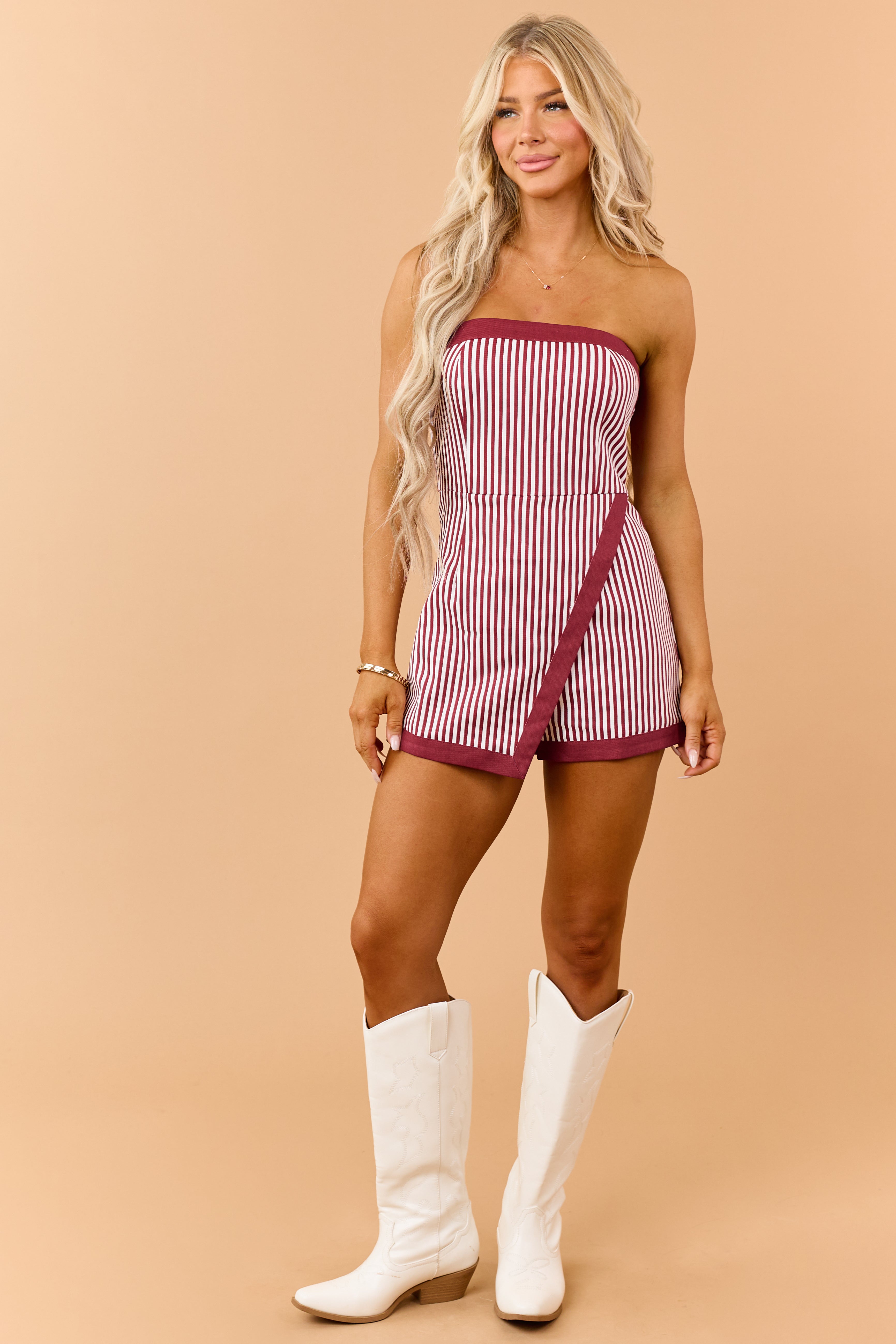 PRE-ORDER Burgundy Striped Denim Wrap Around Romper SHIP ETA 9/15