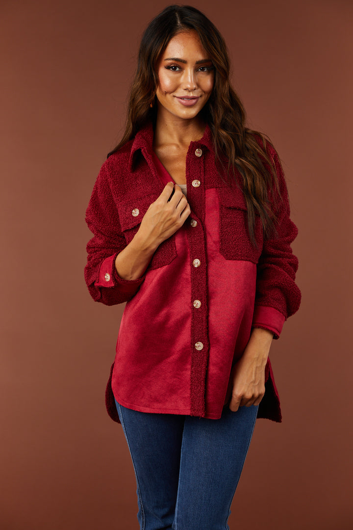 Burgundy Sueded and Sherpa Button Down Shacket