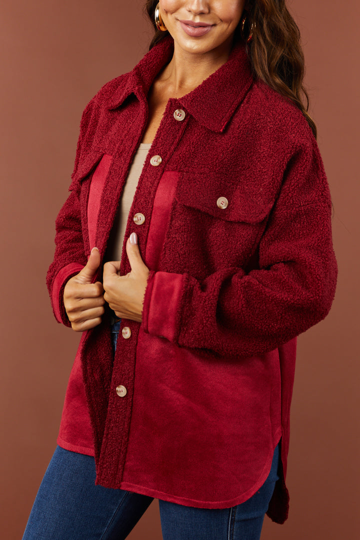 Burgundy Sueded and Sherpa Button Down Shacket