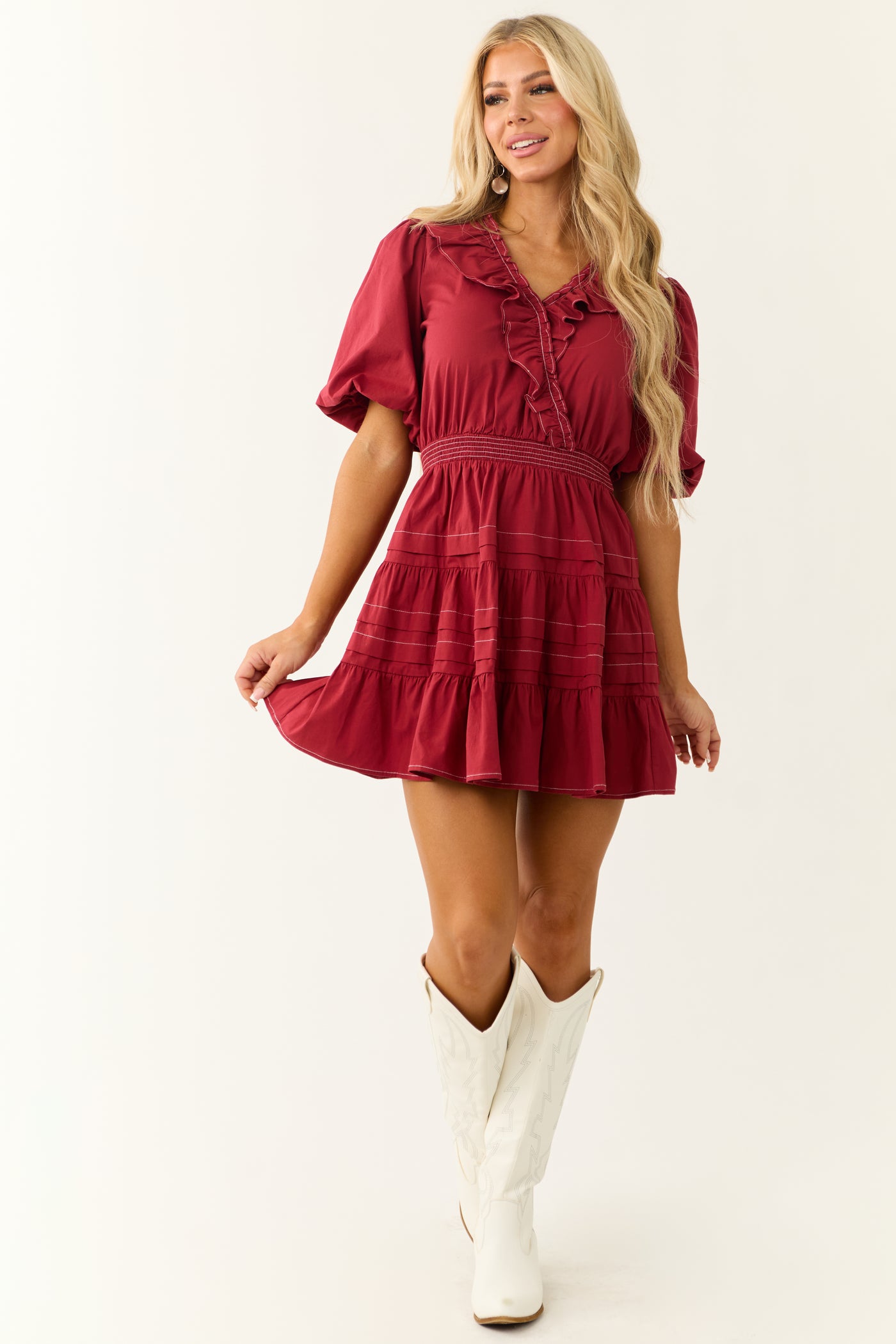Burgundy Tiered Ruffle Surplice Wrap Mini Dress Burgundy Tiered Ruffle Surplice Wrap Mini Dress