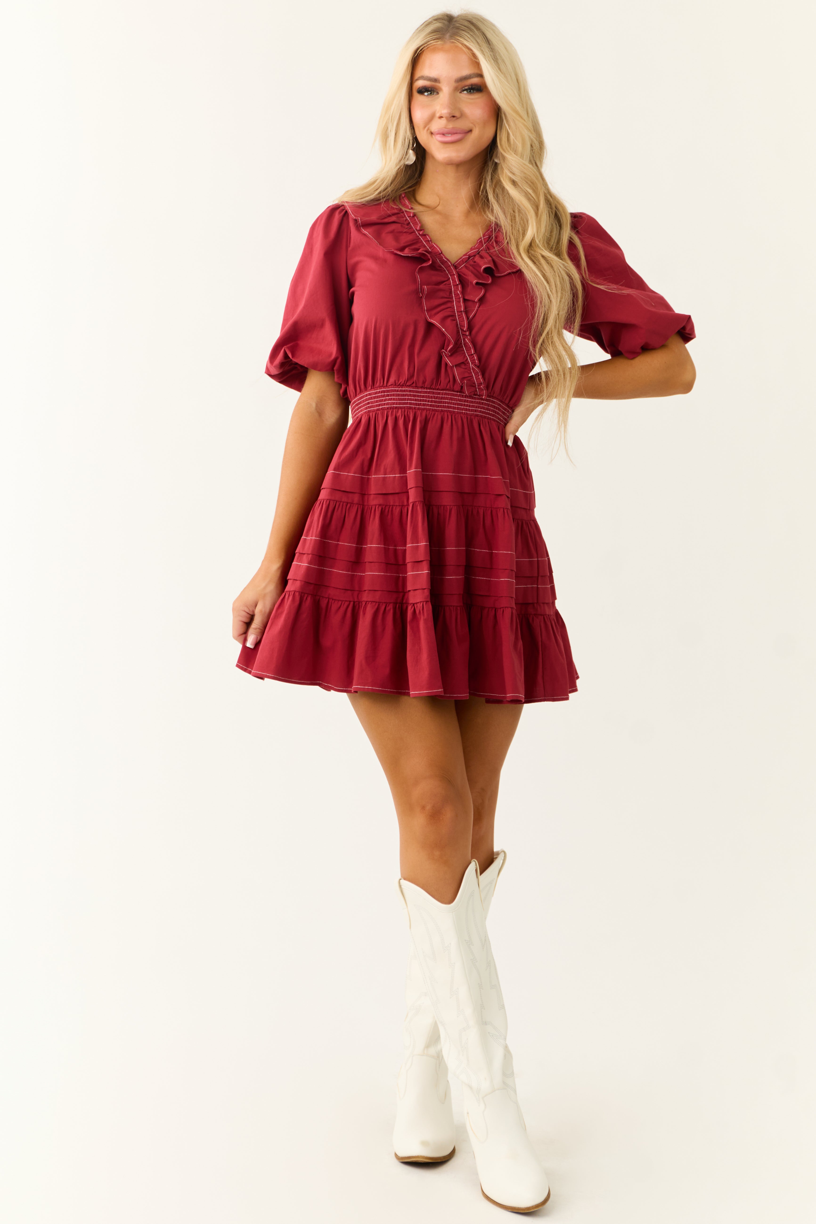 Burgundy Tiered Ruffle Surplice Wrap Mini Dress Burgundy Tiered Ruffle Surplice Wrap Mini Dress