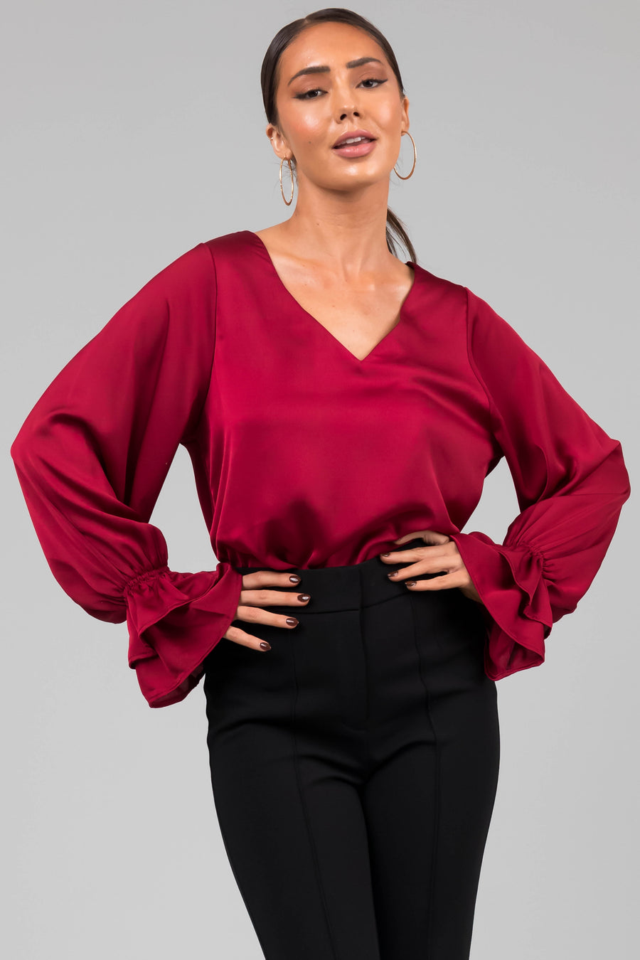 Burgundy V Neck Ruffle Cuff Satin Blouse