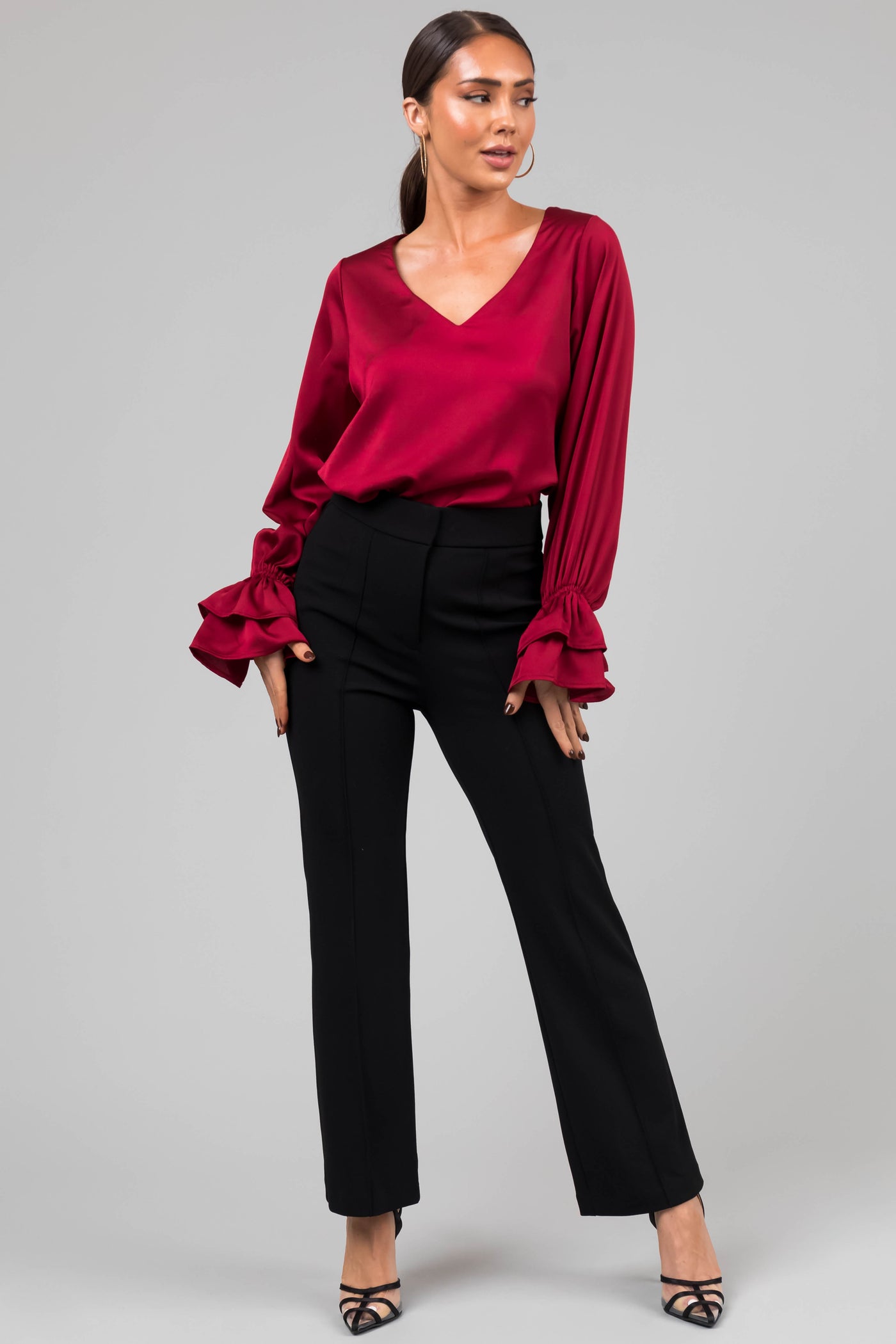 Burgundy V Neck Ruffle Cuff Satin Blouse