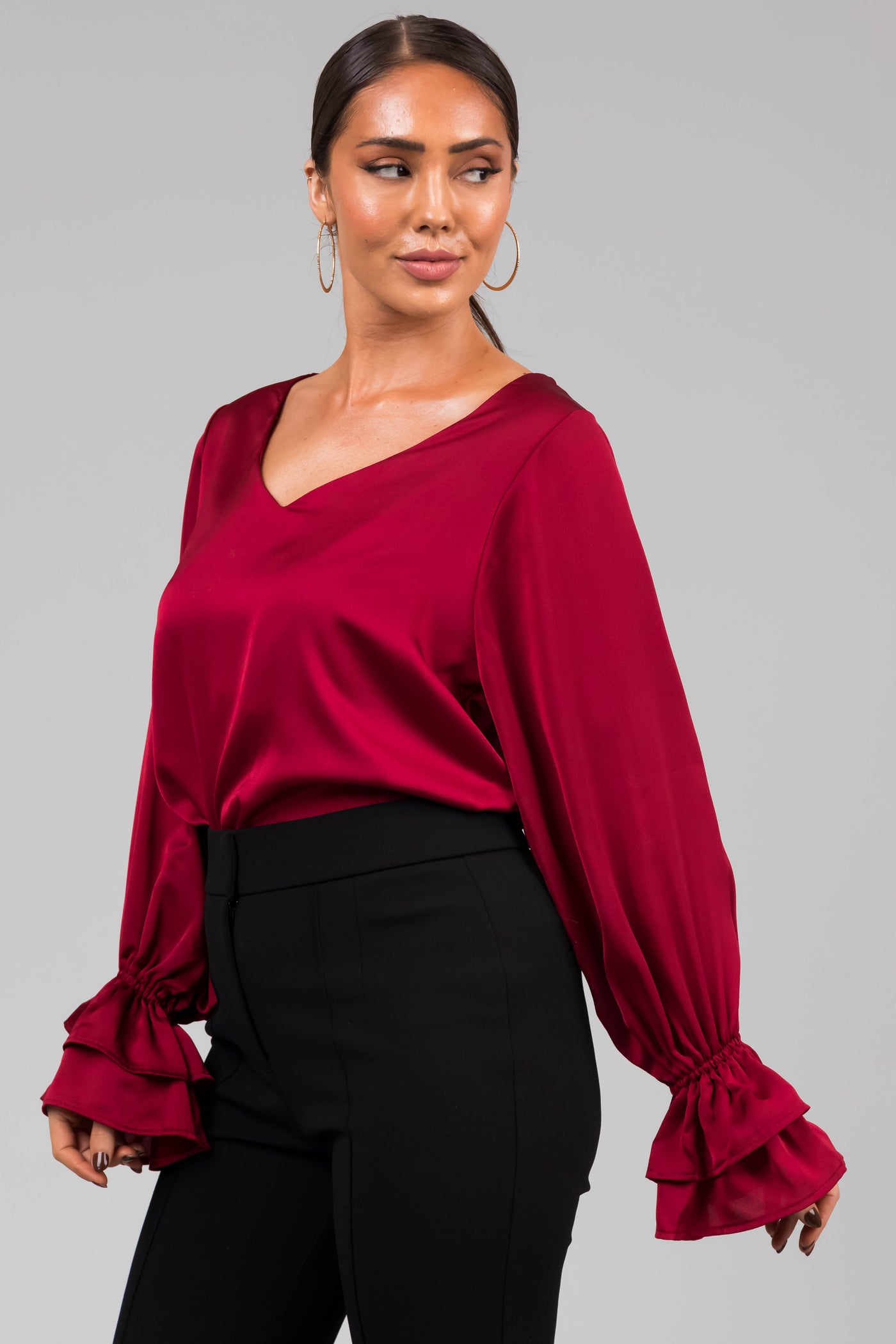 Burgundy V Neck Ruffle Cuff Satin Blouse | Lime Lush