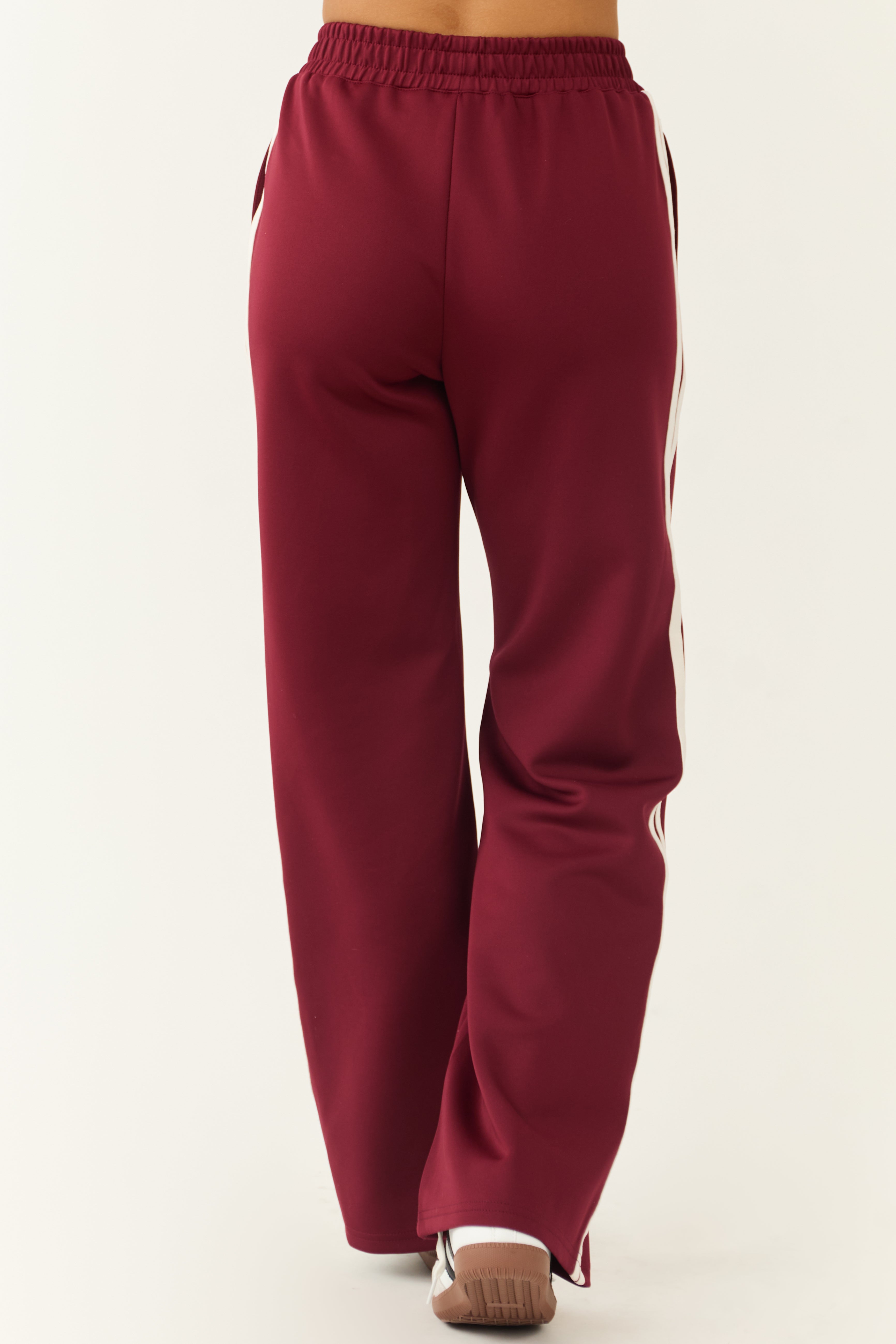 Burgundy Wide Leg Side Stripe Detail Track Pants | Lime Lush