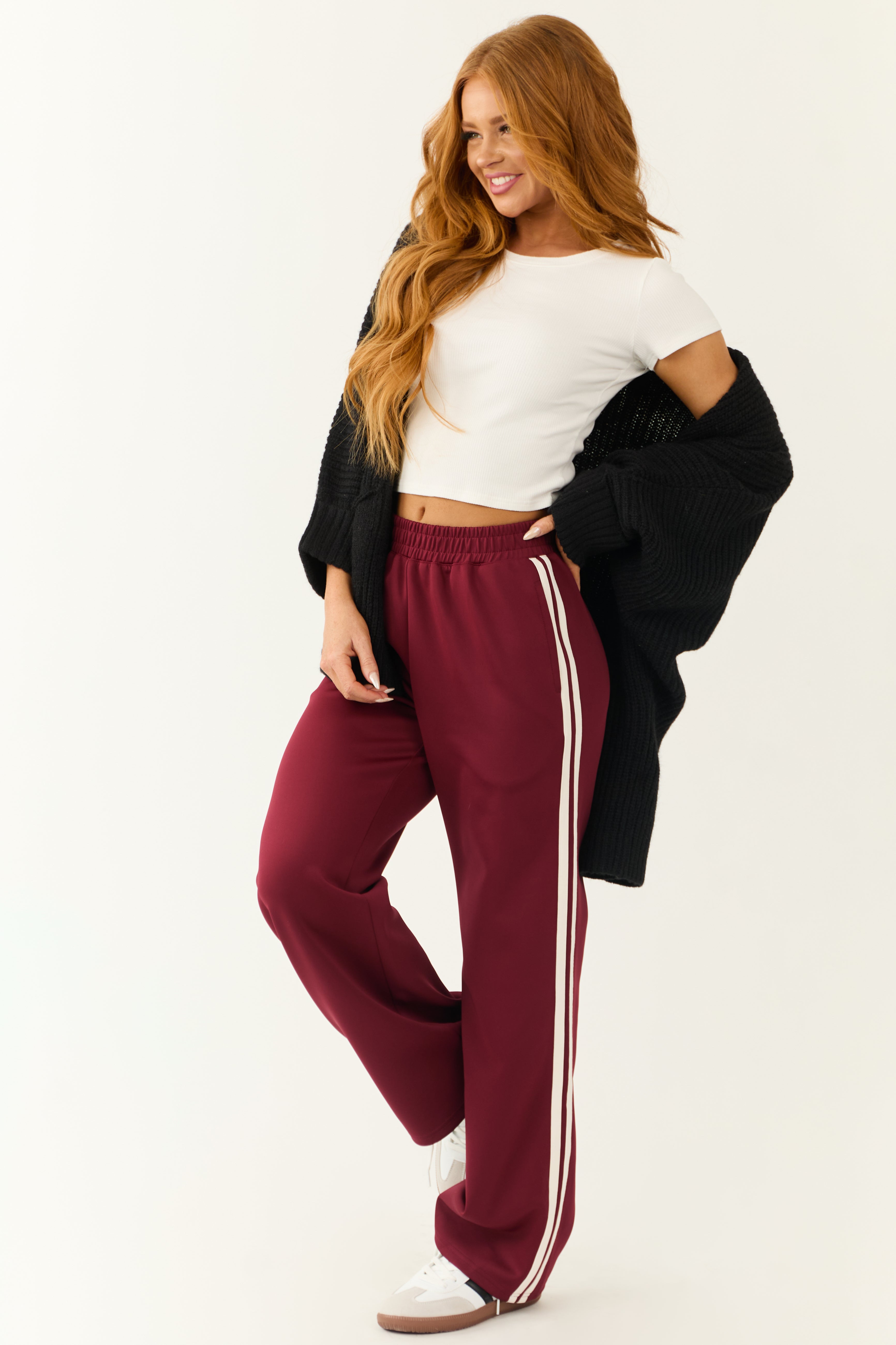 Burgundy Wide Leg Side Stripe Detail Track Pants Lime Lush Boutique