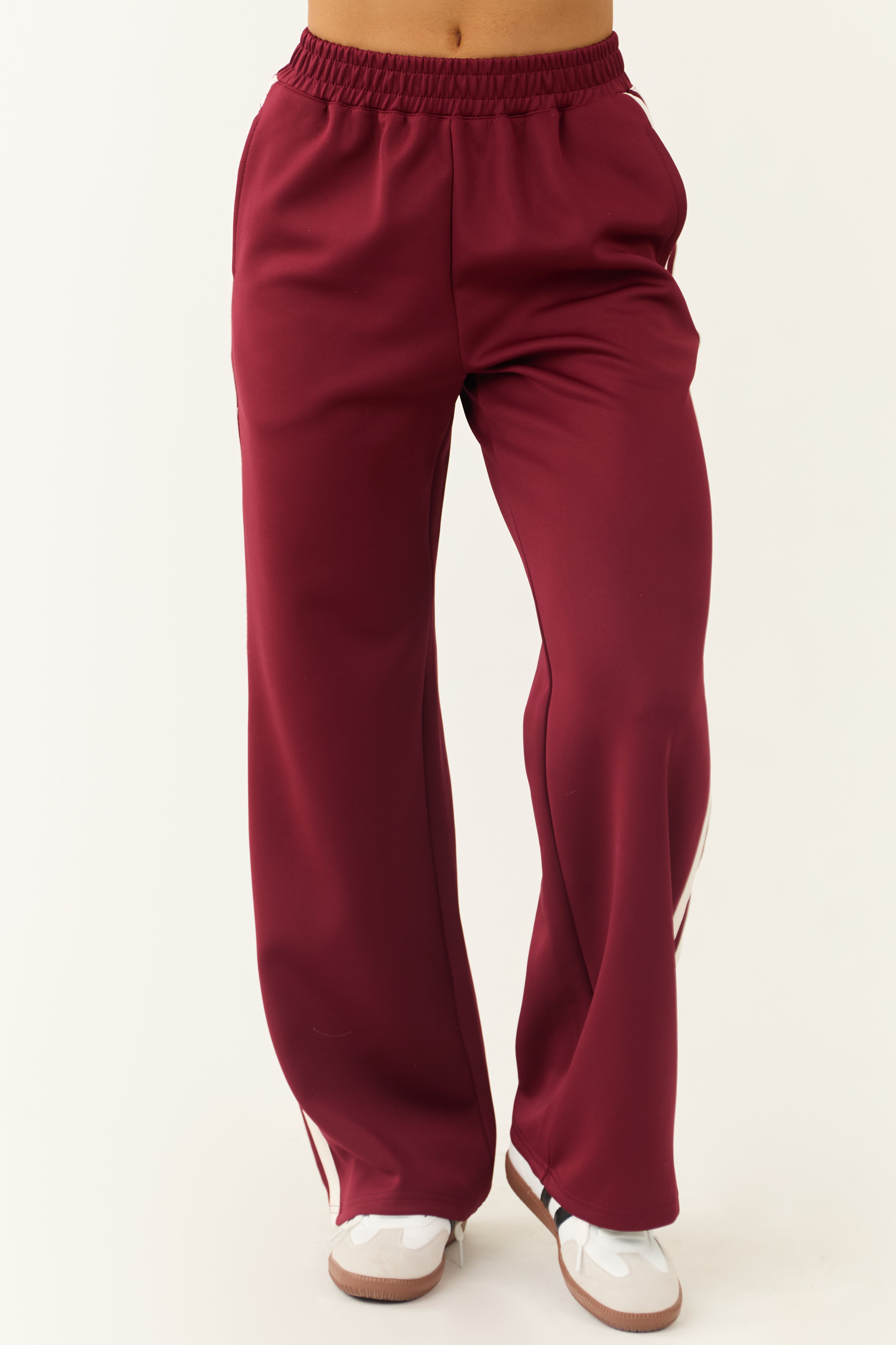 Burgundy Wide Leg Side Stripe Detail Track Pants | Lime Lush Burgundy Wide Leg Side Stripe Detail Track Pants | Lime Lush