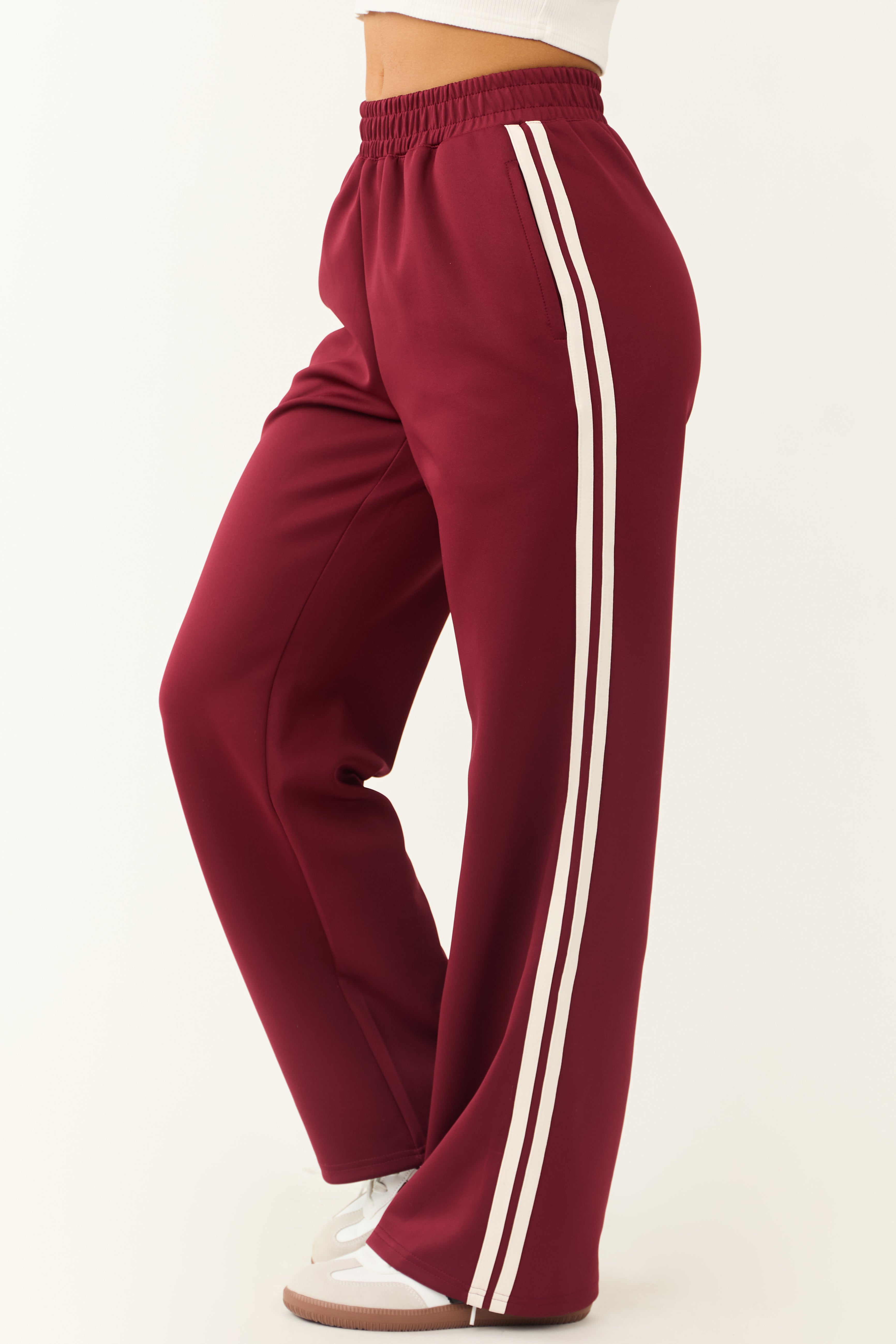Burgundy Wide Leg Side Stripe Detail Track Pants | Lime Lush