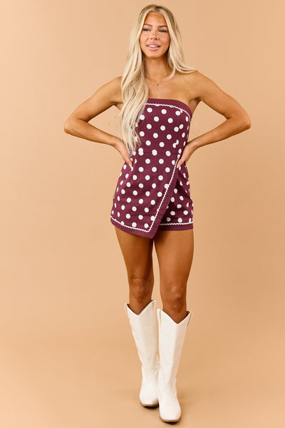 Burgundy and White Polka Dot Strapless Skort Romper