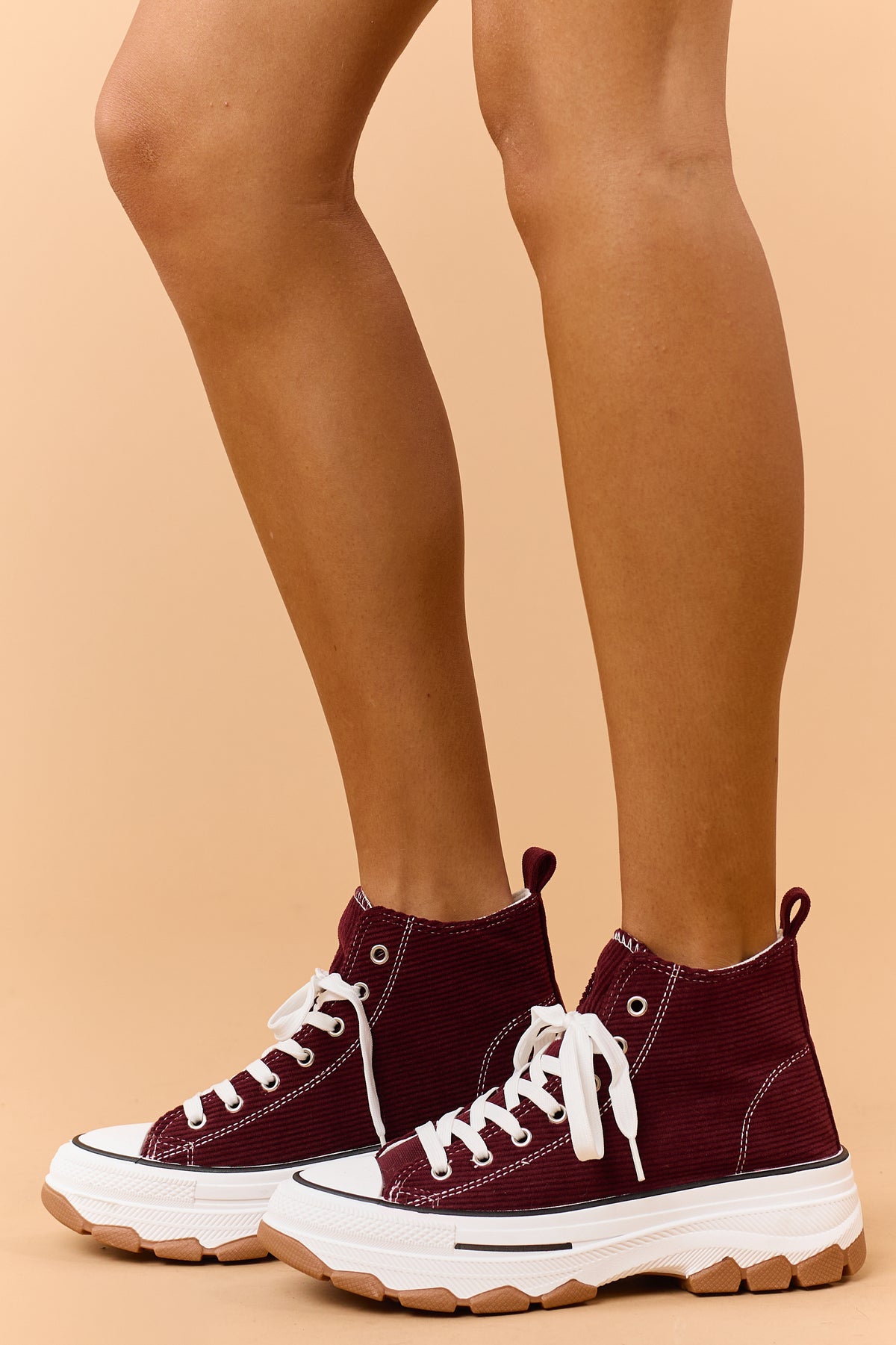 Burgundy Corduroy Lace Up High Top Platform Sneakers