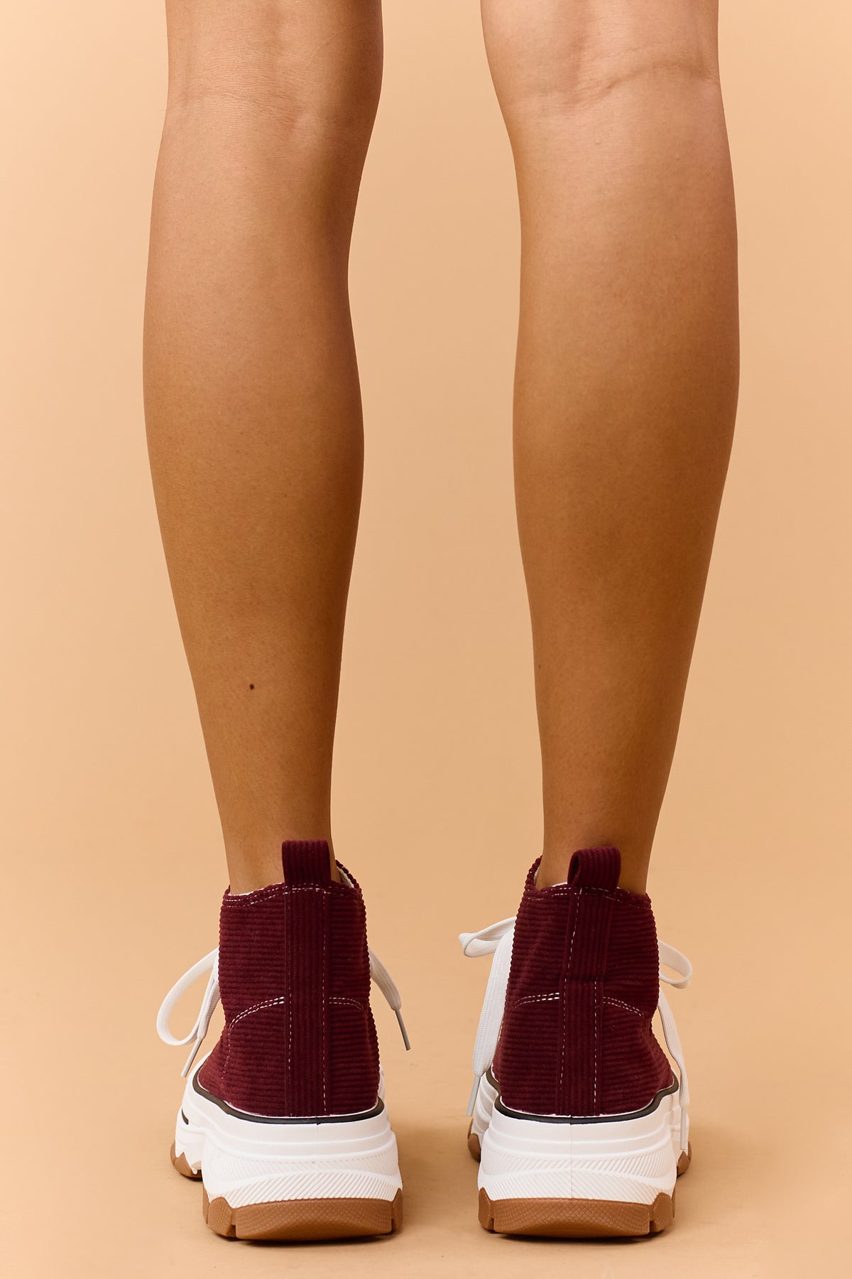 Burgundy Corduroy Lace Up High Top Platform Sneakers