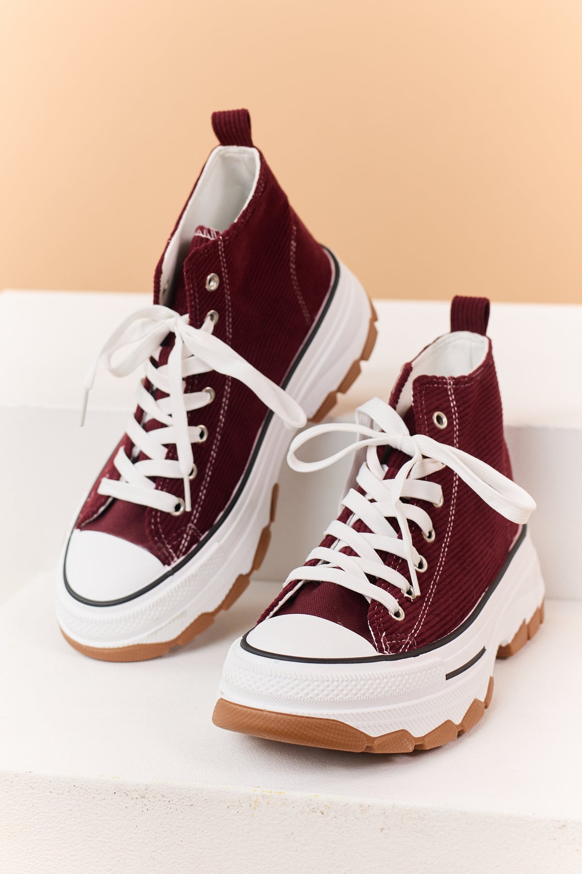 Burgundy Corduroy Lace Up High Top Platform Sneakers