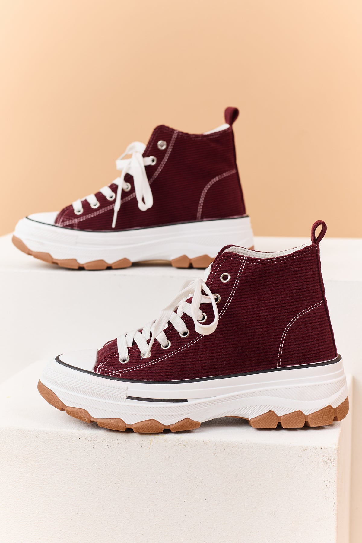 Burgundy Corduroy Lace Up High Top Platform Sneakers