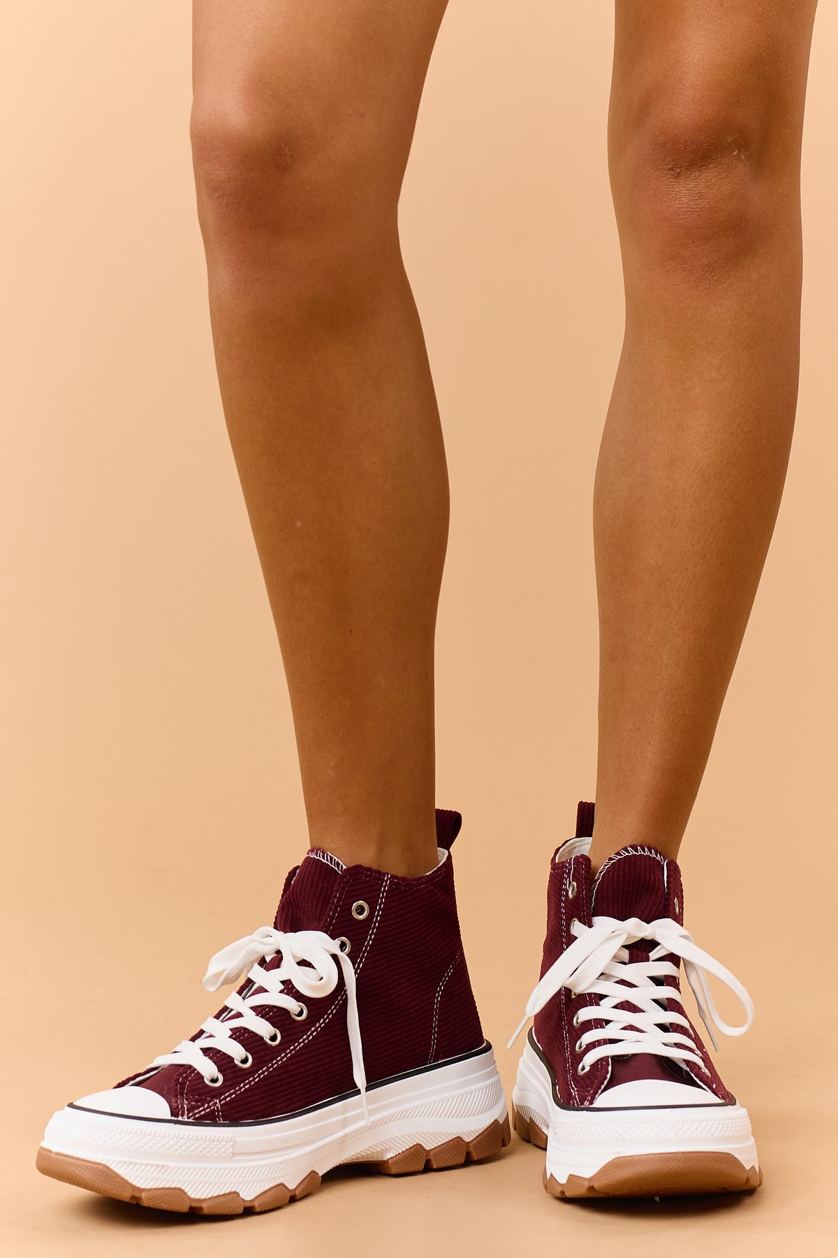 Burgundy Corduroy Lace Up High Top Platform Sneakers