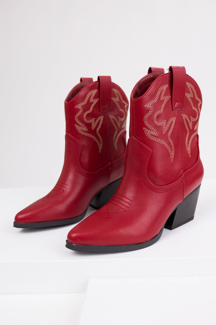 Burgundy Western Stitching Detail Ankle Booties