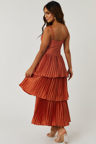 Burnt Orange Cut Out Pleated Satin Midi Dress