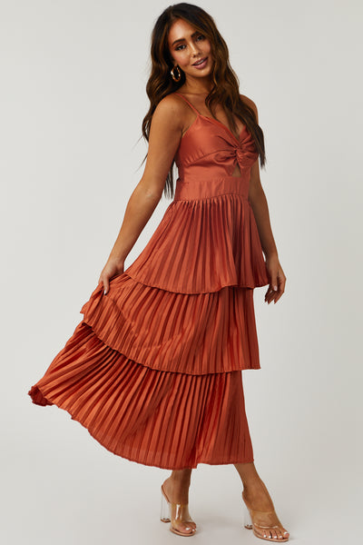 Burnt Orange Cut Out Pleated Satin Midi Dress