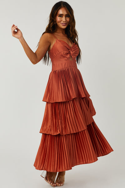 Burnt Orange Cut Out Pleated Satin Midi Dress