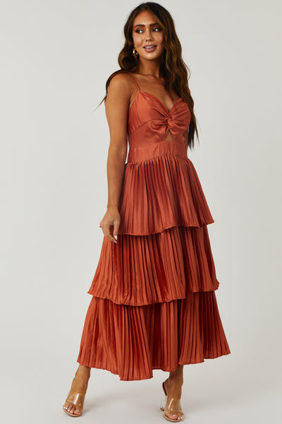 Burnt Orange Cut Out Pleated Satin Midi Dress