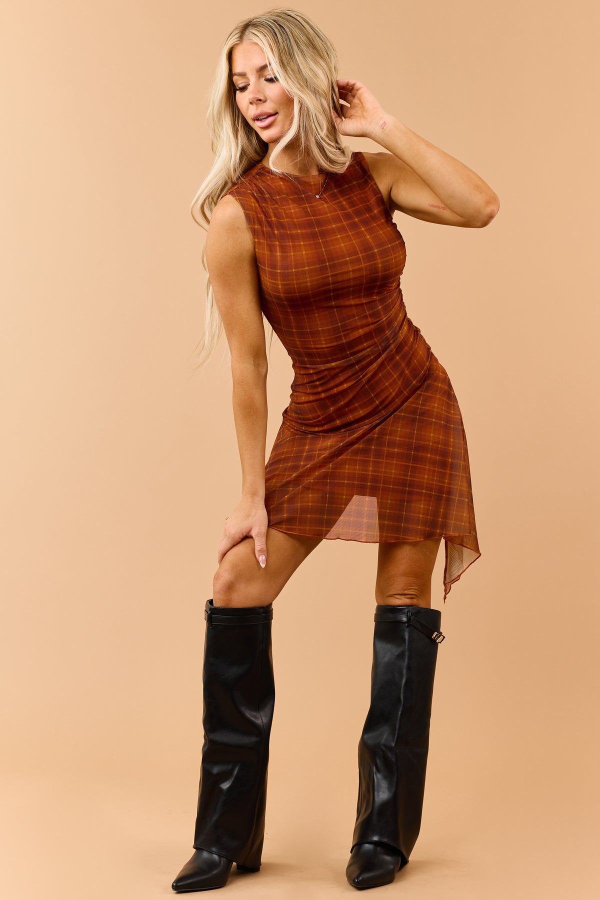 Burnt Orange Plaid Mesh Asymmetrical Mini Dress