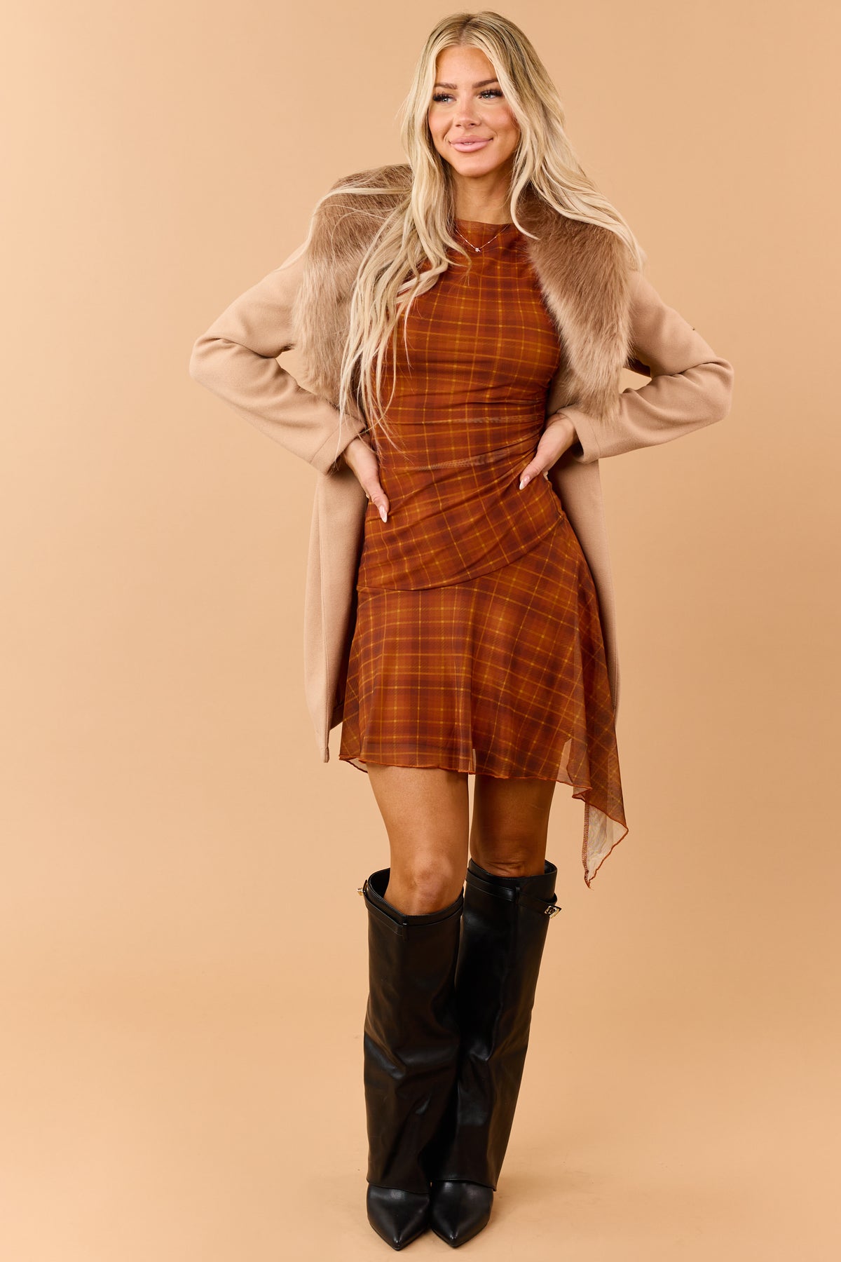 Burnt Orange Plaid Mesh Asymmetrical Mini Dress