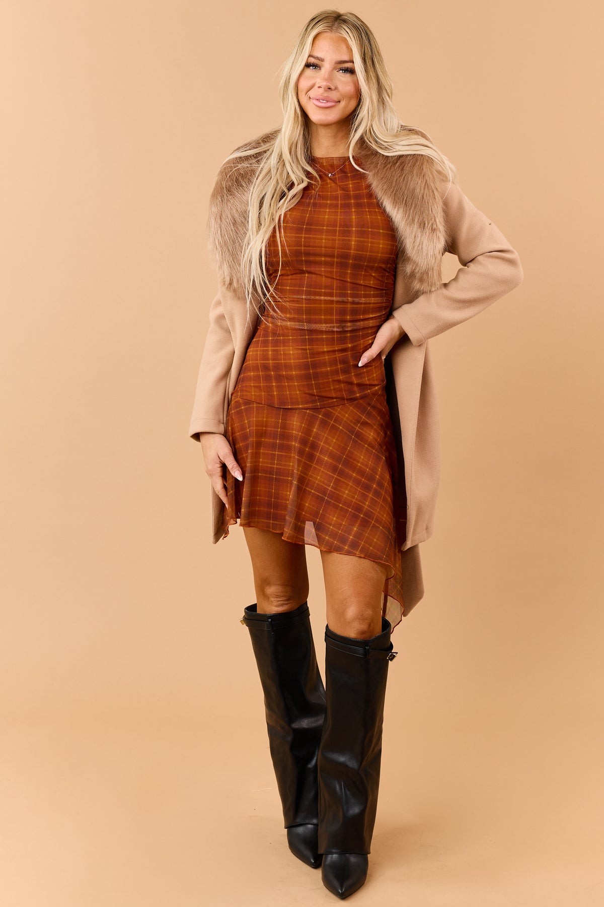 Burnt Orange Plaid Mesh Asymmetrical Mini Dress