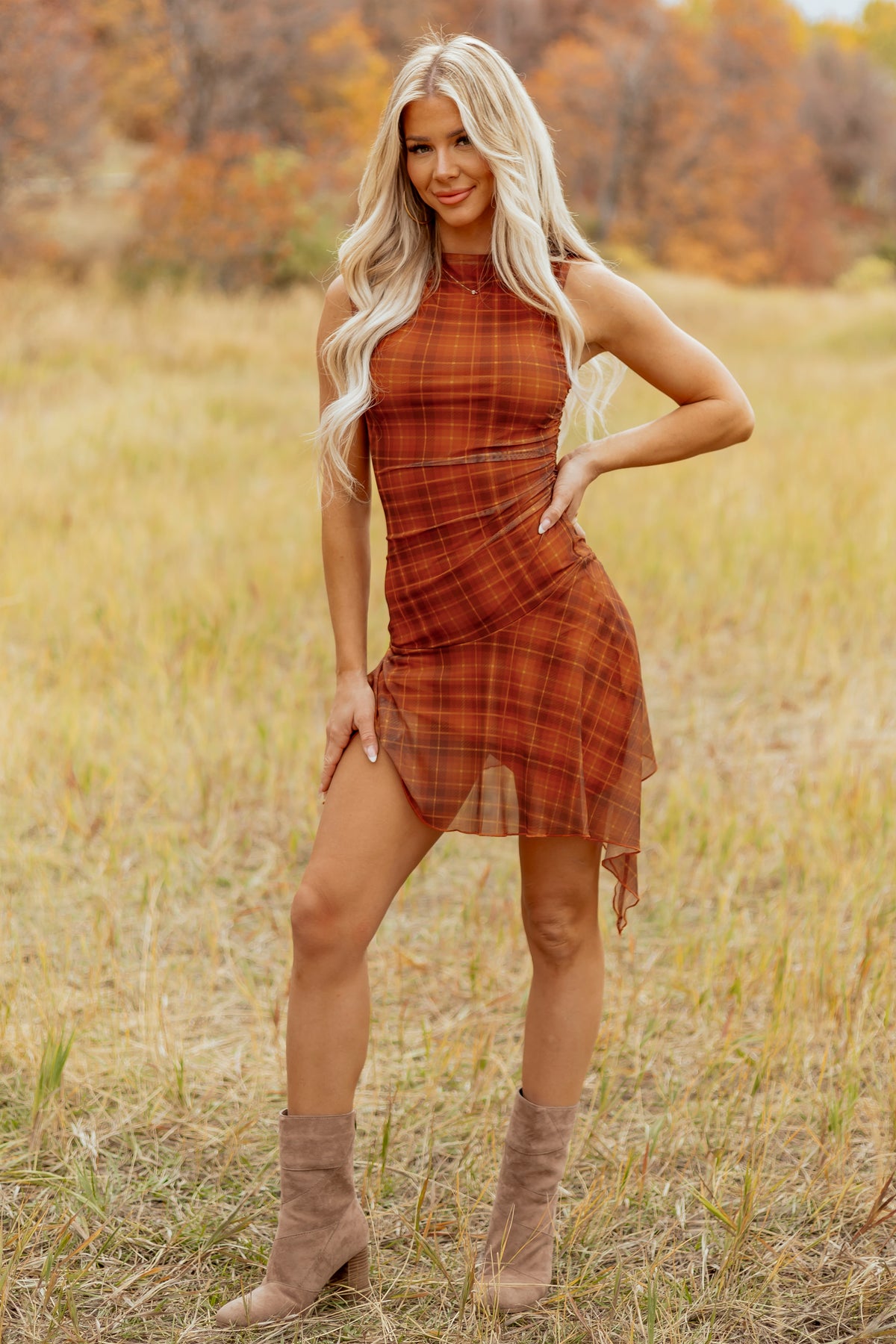 Burnt Orange Plaid Mesh Asymmetrical Mini Dress