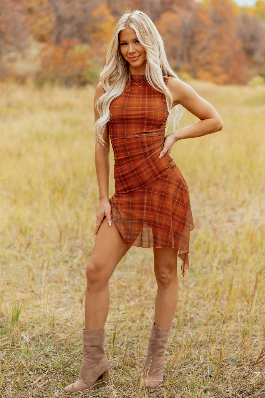 Burnt Orange Plaid Mesh Asymmetrical Mini Dress