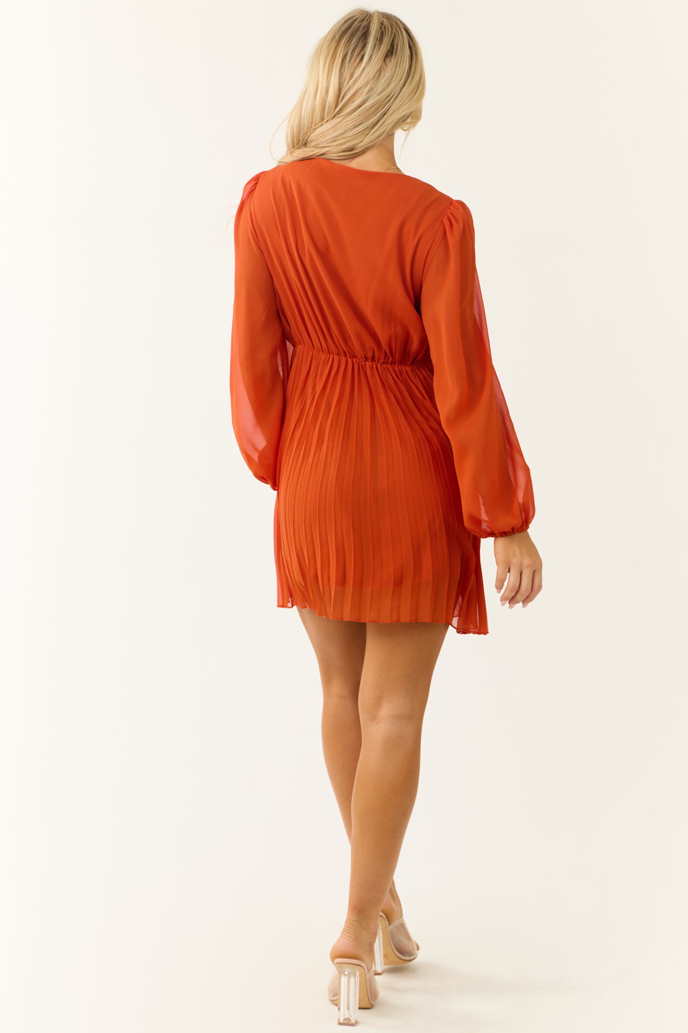 Burnt Orange Pleated Long Sleeve Mini Dress | Lime Lush Boutique Burnt Orange Pleated Long Sleeve Mini Dress | Lime Lush Boutique