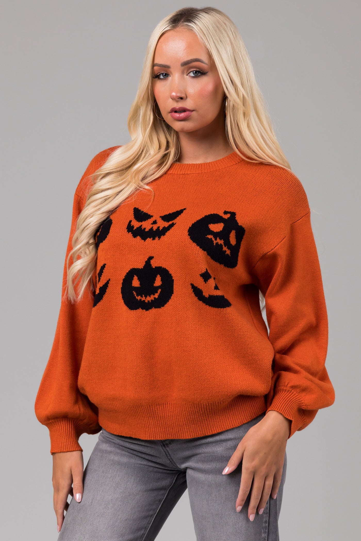 Burnt Orange Pumpkin Face Crew Neck Knit Sweater