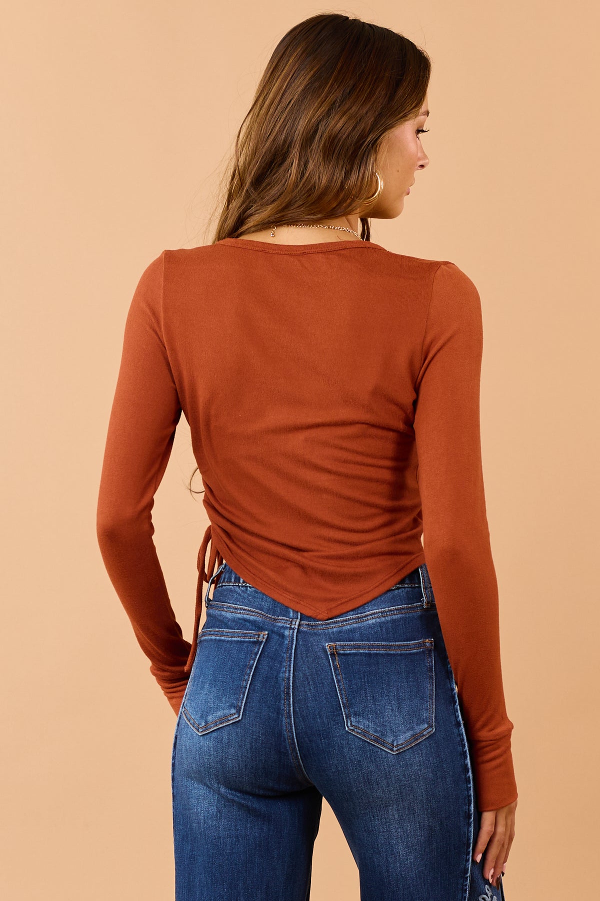 Burnt Orange Shirred Side Tie Soft Knit Top