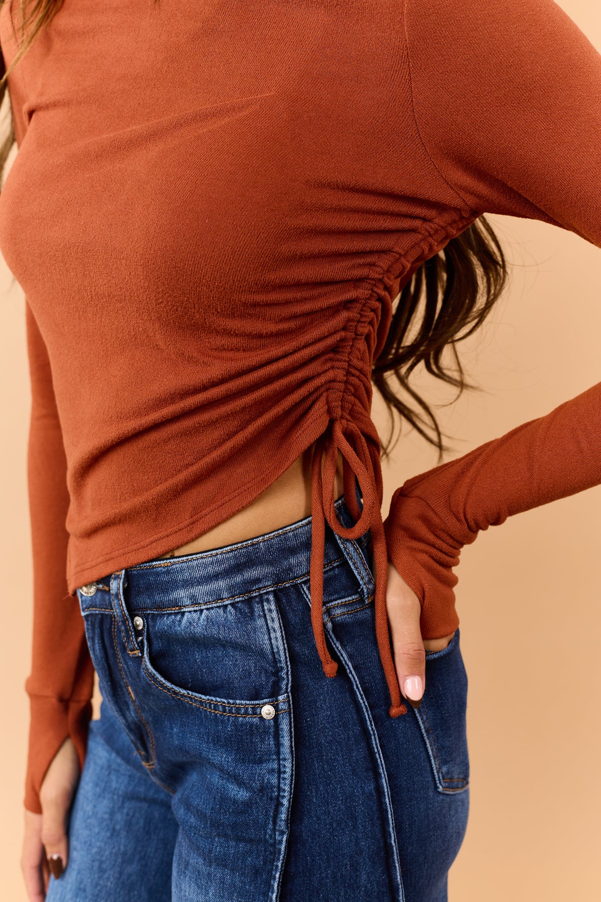 Burnt Orange Shirred Side Tie Soft Knit Top