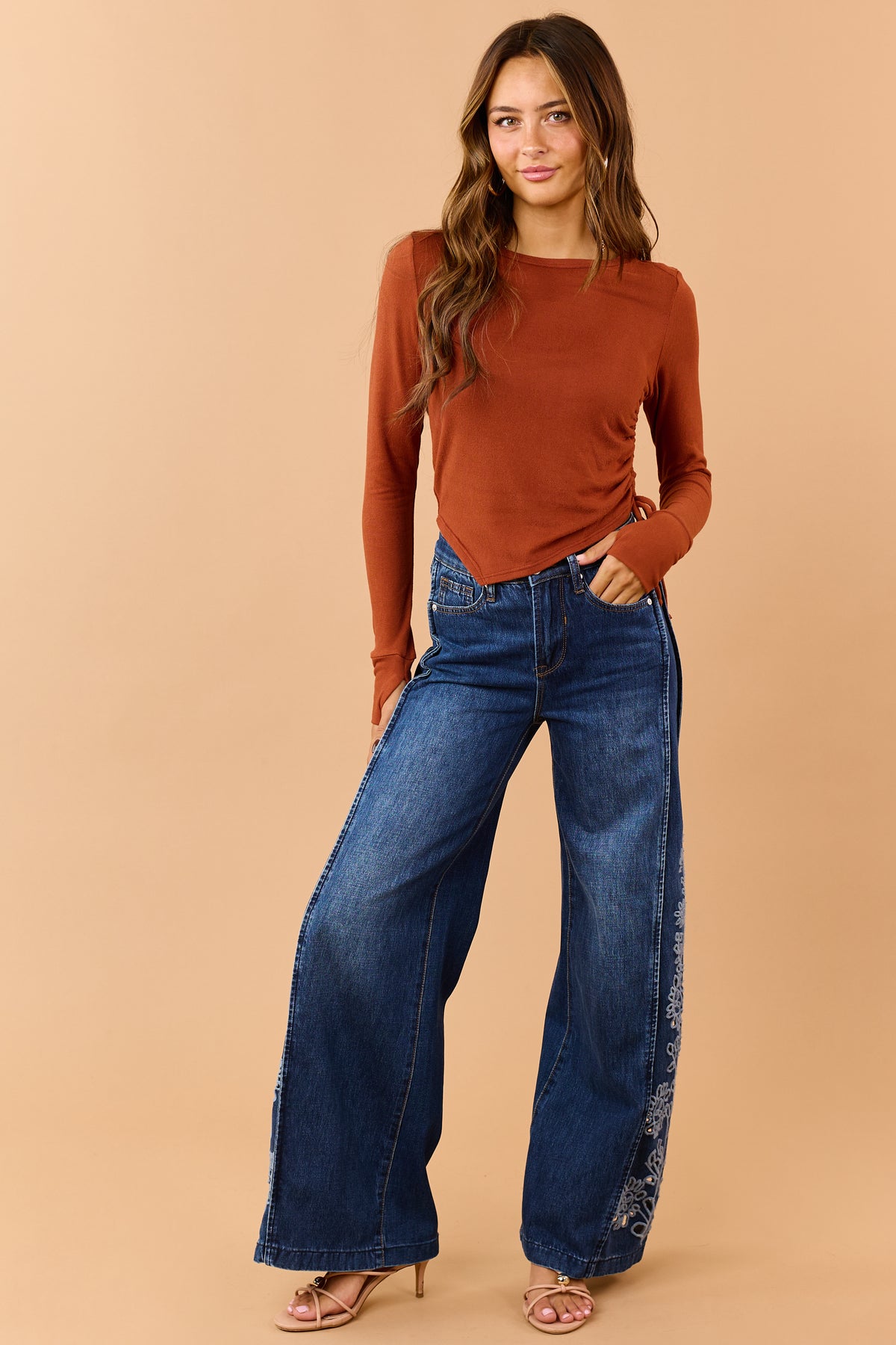 Burnt Orange Shirred Side Tie Soft Knit Top