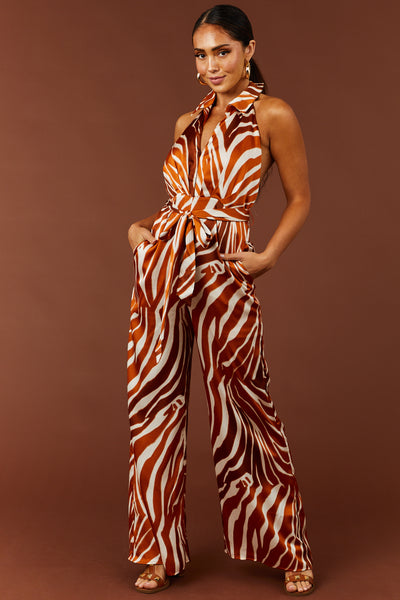 Burnt Orange Zebra Print Sleeveless Jumpsuit
