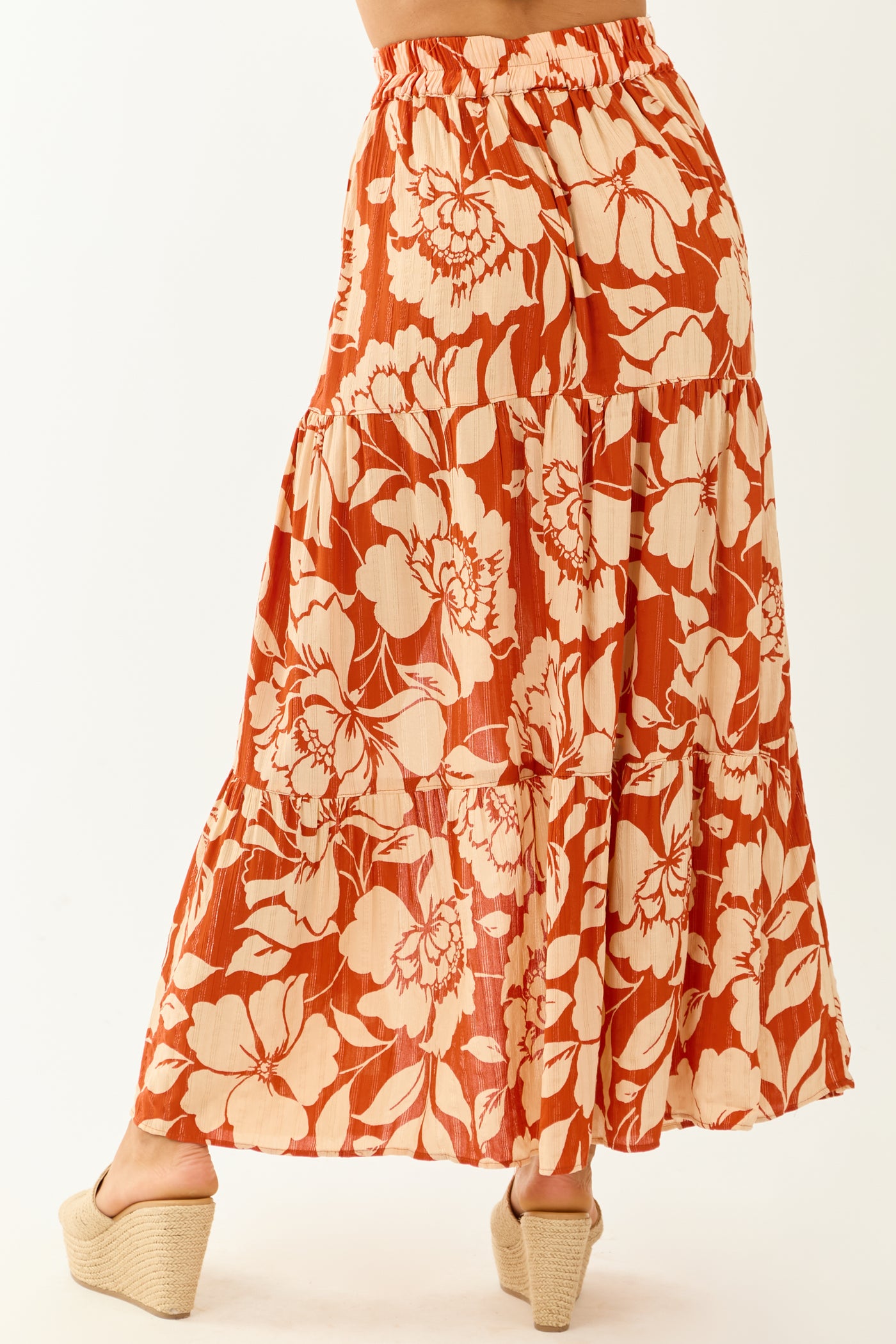 Burnt Orange and Beige Floral High Slit Maxi Skirt
