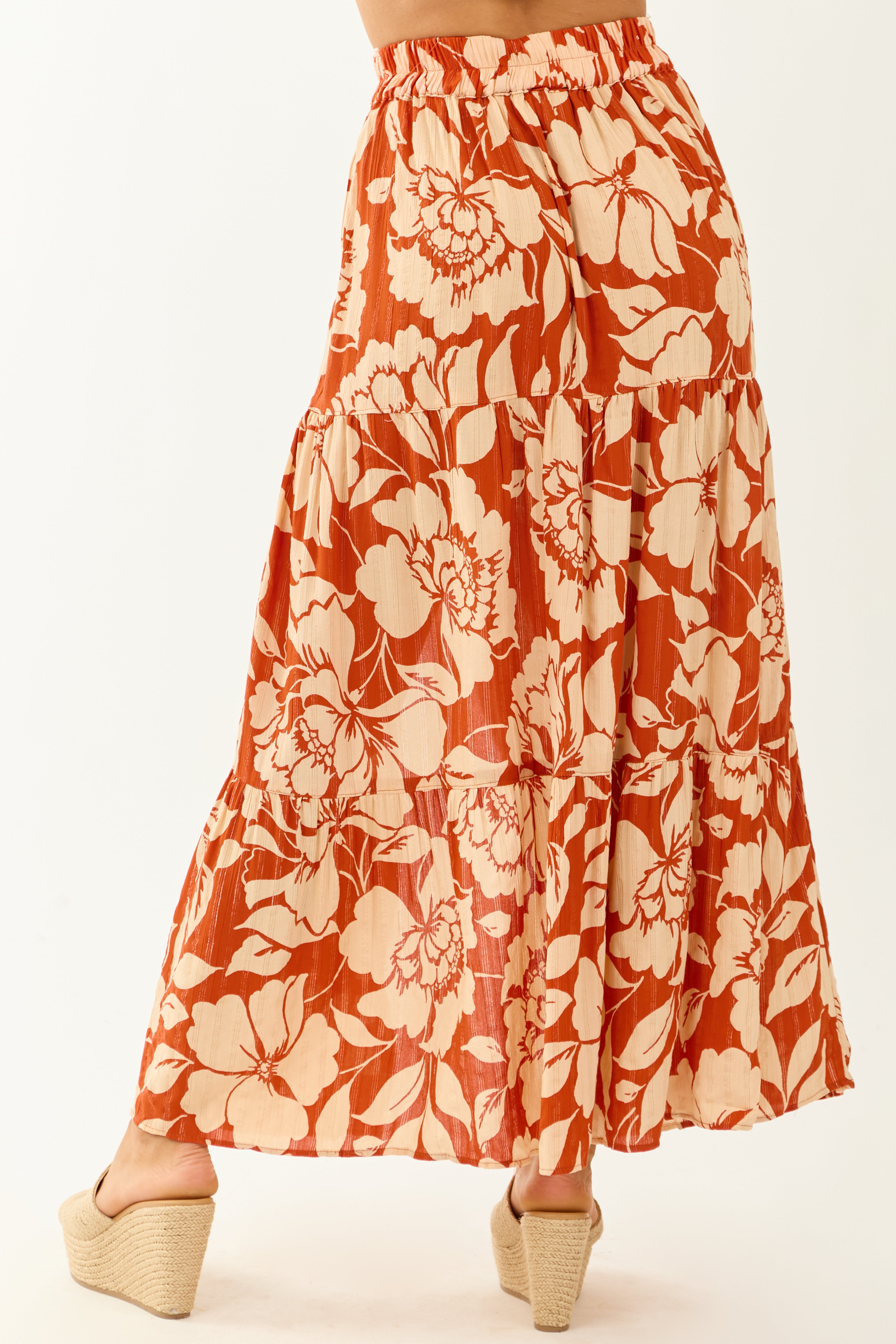 Burnt Orange and Beige Floral High Slit Maxi Skirt