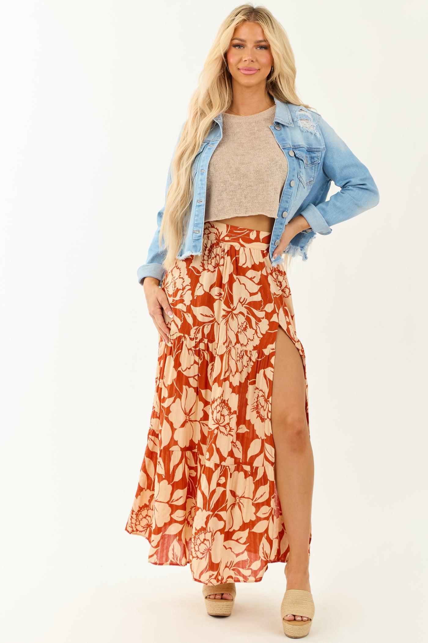 Burnt Orange and Beige Floral High Slit Maxi Skirt